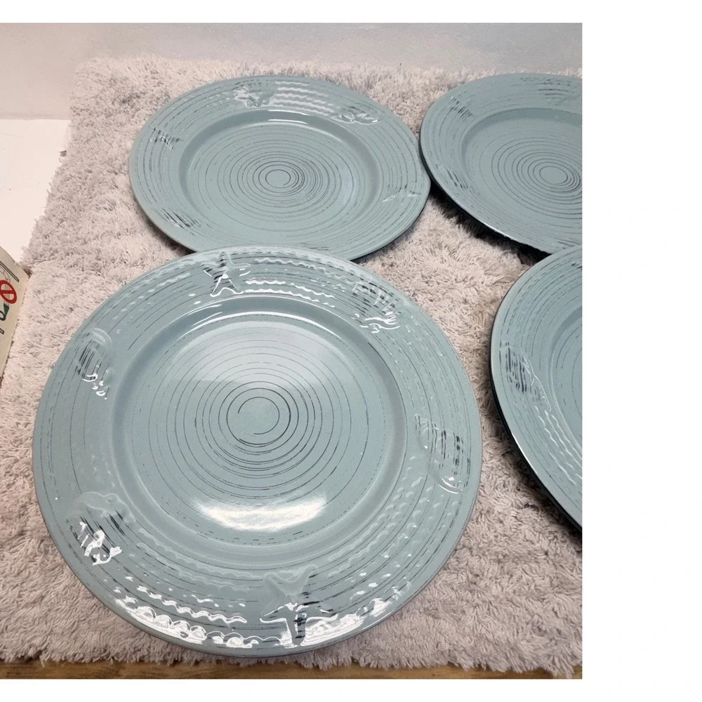 Pfaltzgraff Trellis Coastal Teal Dinner Plates Set of 4 Starfish Shells 11 inch